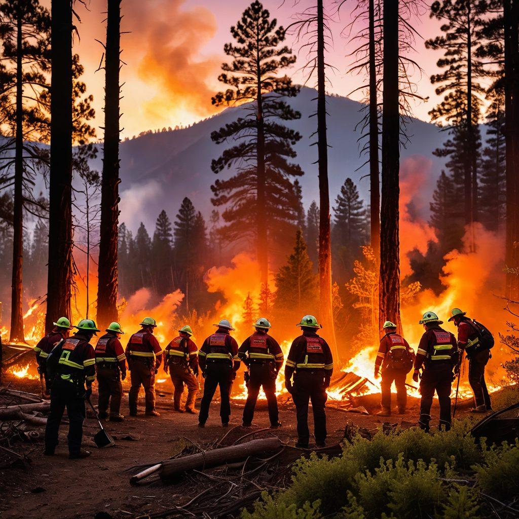 A dynamic scene depicting a group of diverse emergency responders from different agencies working together in a forest setting, surrounded by tools for wildfire prevention, like controlled burns and fire breaks. The backdrop should show a vibrant sunset highlighting smoldering firelines, with trees and mountains in the distance. Emphasize teamwork with hands joined over a map, symbols of interagency cooperation like badges or logos subtly included. Include a sense of urgency and hope. super-realistic. vibrant colors.