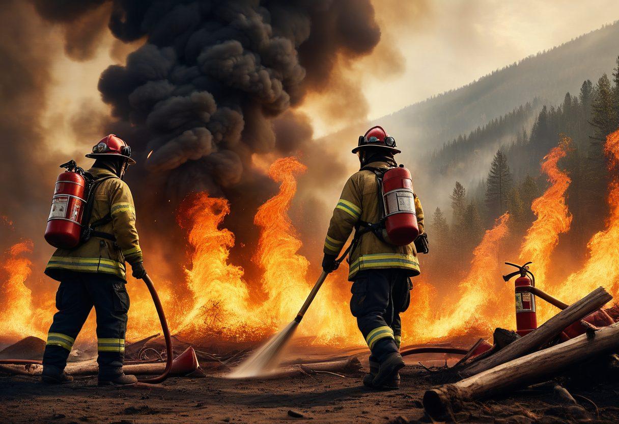 A dynamic scene featuring firefighters in action, battling a raging wildfire with hoses and water jets, showcasing teamwork and urgency. In the foreground, include essential fire suppression tools and equipment like axes and fire extinguishers. The background should depict a smoky landscape with flames, illustrating the chaos of an emergency situation. Bright, bold colors to convey intensity and action. super-realistic. vibrant colors.
