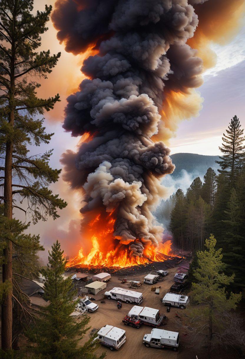 An aerial view of a vibrant wildfire scene juxtaposed with a well-prepared community, showcasing green defensible spaces, emergency responders, and families engaging in preparedness activities. Include smoke rising from the forest, contrasting with community resilience preparations like sandbags and firebreaks. The sky should be dramatic with sunset colors reflecting on the smoky horizon. super-realistic. vivid colors. dynamic composition.